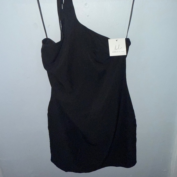 Brand New Bobbles & Lace One-Shoulder Black Mini Dress - Picture 1 of 3